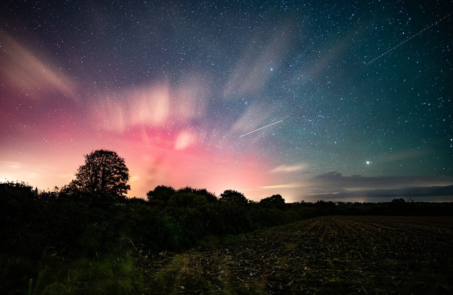 Aurore boréale aux teintes rouges et roses illuminant le ciel étoilé au-dessus d’un champ sombre, capturée dans un paysage nocturne.