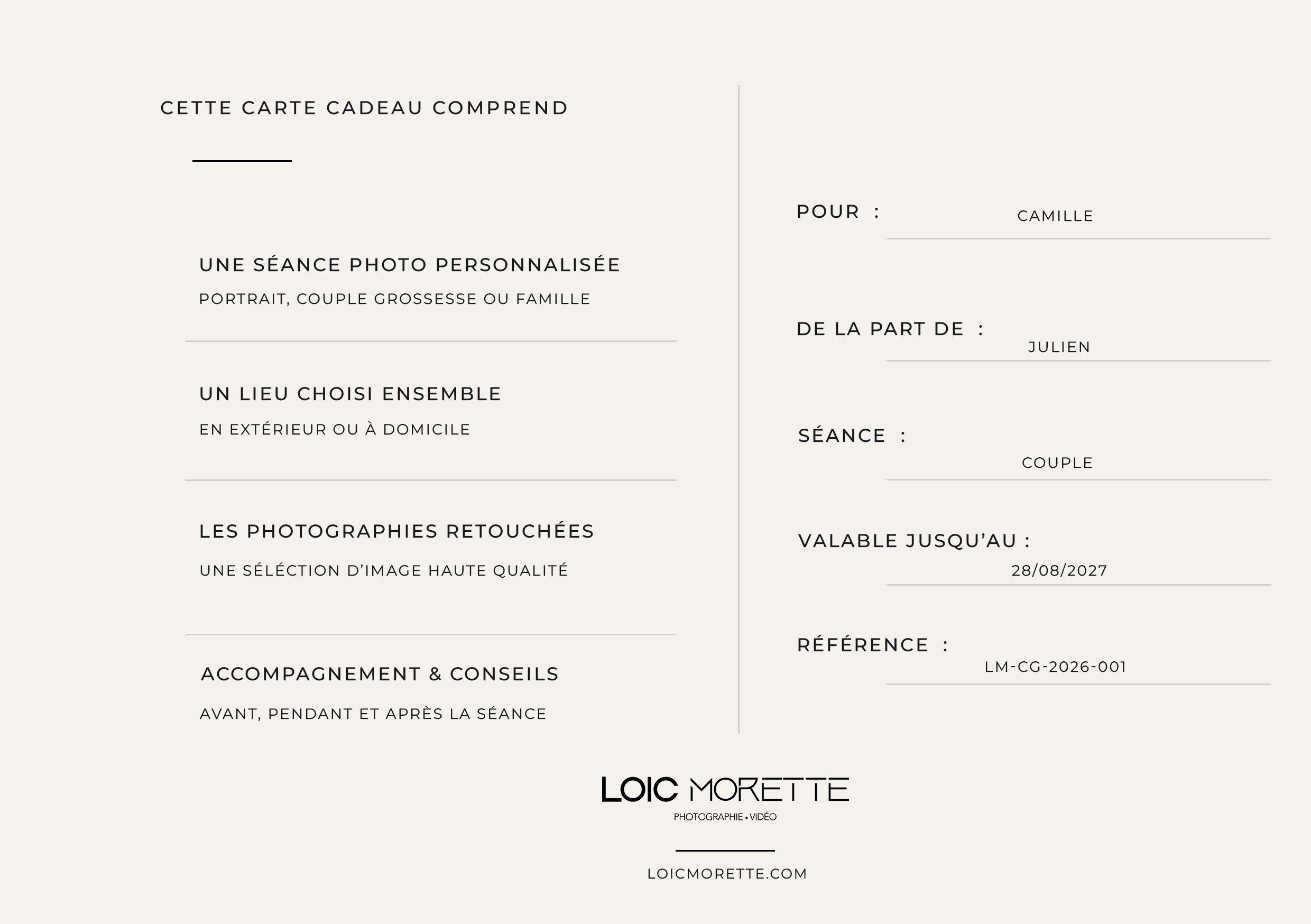 Verso de la carte cadeau séance photo